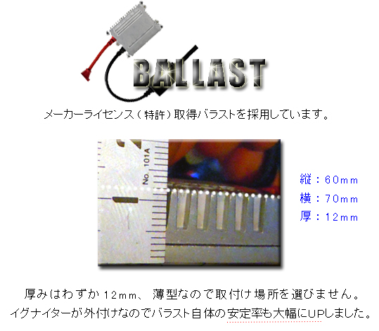 特許取得バラストを採用しています。厚みはわずか１２ミリ、縦６０ミリ、横７０ミリと超コンパクト。なので、取り付け場所を選びません。更に、イグナイターが外付けなので、バラスト自体の安定率も大幅にUPしました。